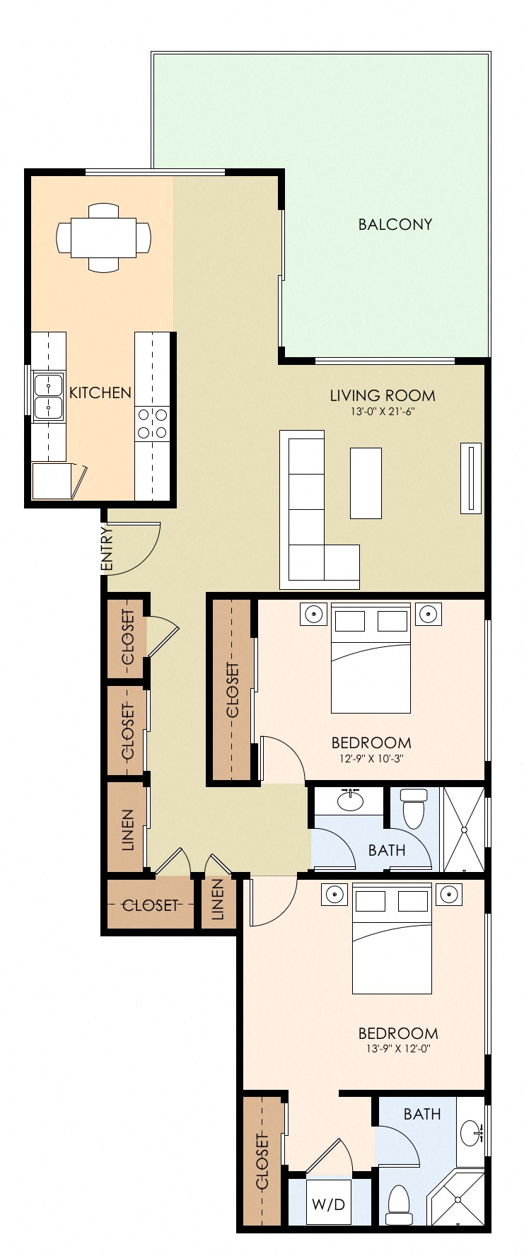 Floor plan for 2 beds, 2 baths, 1350 sqft